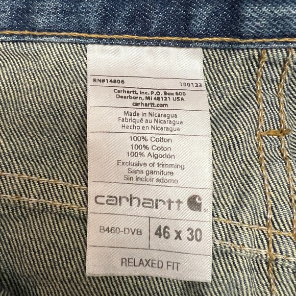 Carhartt Jeans Mens 46x30 Relaxed Fit B460-DVB Blue Denim Work Straight Mid Wash - Picture 6 of 10